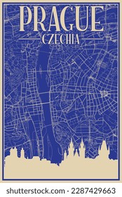 Colorful hand-drawn framed poster of the downtown PRAGUE, CZECHIA with highlighted vintage city skyline and lettering