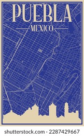 Colorful hand-drawn framed poster of the downtown PUEBLA, MEXICO with highlighted vintage city skyline and lettering