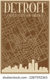 Colorful hand-drawn framed poster of the downtown DETROIT, UNITED STATES OF AMERICA with highlighted vintage city skyline and lettering