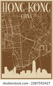 Colorful hand-drawn framed poster of the downtown HONG KONG, CHINA with highlighted vintage city skyline and lettering