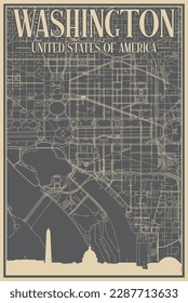 Colorful hand-drawn framed poster of the downtown WASHINGTON DC, UNITED STATES OF AMERICA with highlighted vintage city skyline and lettering