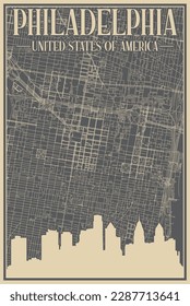 Colorful hand-drawn framed poster of the downtown PHILADELPHIA, UNITED STATES OF AMERICA with highlighted vintage city skyline and lettering