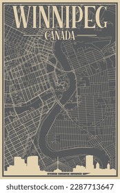 Colorful hand-drawn framed poster of the downtown WINNIPEG, CANADA with highlighted vintage city skyline and lettering