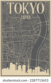 Colorful hand-drawn framed poster of the downtown TOKYO, JAPAN with highlighted vintage city skyline and lettering