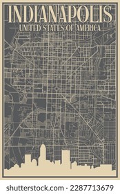 Colorful hand-drawn framed poster of the downtown INDIANAPOLIS, UNITED STATES OF AMERICA with highlighted vintage city skyline and lettering