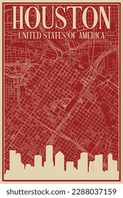 Colorful hand-drawn framed poster of the downtown HOUSTON, UNITED STATES OF AMERICA with highlighted vintage city skyline and lettering