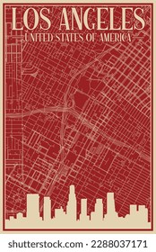 Colorful hand-drawn framed poster of the downtown LOS ANGELES, UNITED STATES OF AMERICA with highlighted vintage city skyline and lettering