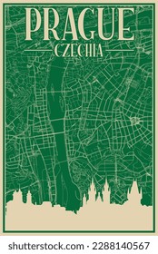 Colorful hand-drawn framed poster of the downtown PRAGUE, CZECHIA with highlighted vintage city skyline and lettering
