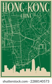 Colorful hand-drawn framed poster of the downtown HONG KONG, CHINA with highlighted vintage city skyline and lettering