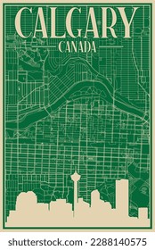 Colorful hand-drawn framed poster of the downtown CALGARY, CANADA with highlighted vintage city skyline and lettering