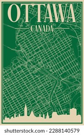 Colorful hand-drawn framed poster of the downtown OTTAWA, CANADA with highlighted vintage city skyline and lettering