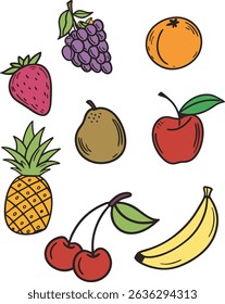 Colorful Hand-Drawn Fruit Collection. Apple, Banana, Strawberry, Grapes, Pineapple, Orange, Pear, Cherries