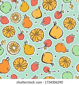 Colorful hand-drawn fruits in vector seamless pattern. Contemporary cute bright summer background with trendy colors
