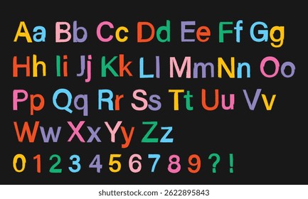 Kleurrijke handgetekende Grungy-alfabet en cijferset - Artistiek ruw lettertype voor kinderen, posters, ambachten en creatieve typografische projecten