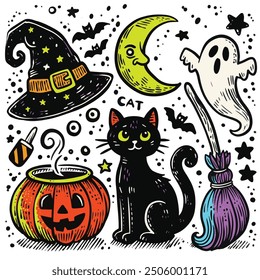 A colorful hand-drawn Halloween doodle set featuring a black cat, ghost, moon, jack-o'-lantern, and witch hat, perfect for festive designs. Each on a separate layer, can be removed or replaced.
