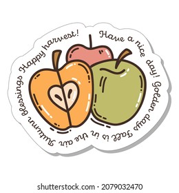 Colorful hand-drawn harvest sticker with three apples in doodle style and lettering isolated on white background. Cute vector collection for seasonal decoration.