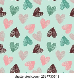 Colorful Hand-Drawn Heart Pattern on a Vibrant Turquoise Background