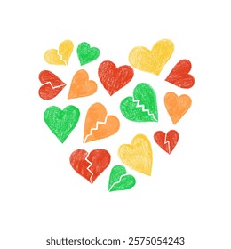 Colorful hand-drawn hearts forming a big heart, love and emotions illustration

