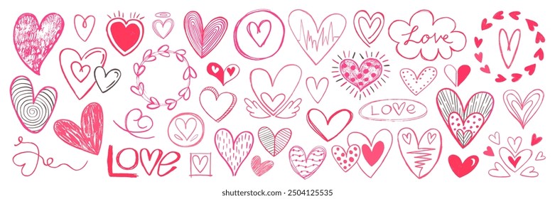 Colorful hand-drawn hearts and love-themed doodles on white background