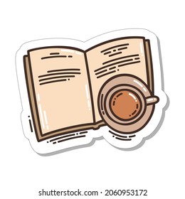 Colorful hand-drawn hygge sticker with diary or book and teacup in doodle style isolated on white background. Cute vector for seasonal decoration.