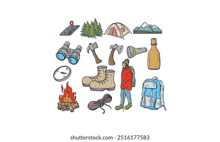 Uma ilustração colorida desenhada à mão de equipamentos e suprimentos para acampar e caminhar, incluindo uma tenda, mochila, mapa, bússola, machado, binóculos, lanterna, botas, lenha e corda.