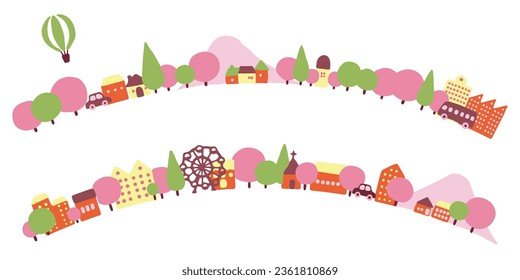 Colorful hand-drawn illustration of a cityscape (spring landscape, curves)