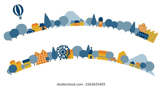 Colorful hand-drawn illustration of a cityscape (winter landscape, curves)