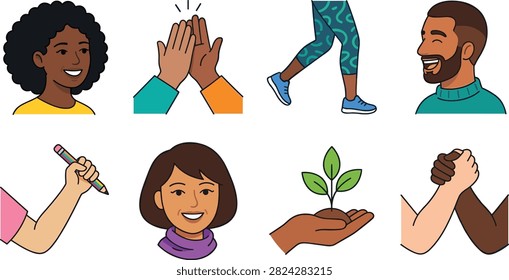 A colorful hand-drawn illustration collection featuring diverse people, human interaction, education, teamwork, healthy lifestyle and plant growth concepts. Ideal for websites, social media, presentations, educational materials, community projects and commercial design.A colorful hand-drawn illustration collection featuring diverse people, human interaction, education, teamwork, healthy lifestyle and plant growth concepts. Ideal for websites, social media, presentations, educational materials, community projects and commercial design.
