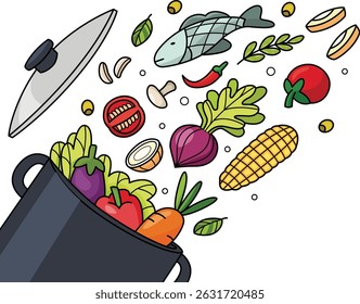 Colorful Hand-Drawn Illustration of Ingredients Flying into Cooking Pot