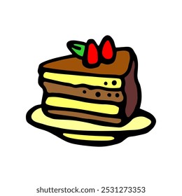 A colorful hand-drawn illustration of a layered chocolate cake slice with cream filling and berry topping, perfect for dessert-themed designs