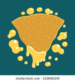 Colorful hand-drawn illustration of nacho with cheese sauce dripping and drops floating. Template with place for your message. Dark blue background. Mexican restaurant menu, branding concept.