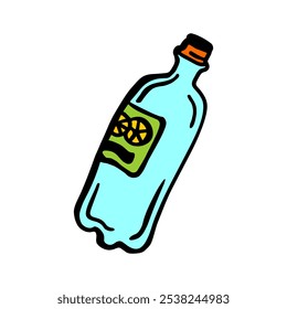 A colorful, hand-drawn illustration of a plastic water bottle with a lemon-themed label, perfect for beverage packaging designs and summer-themed projects.