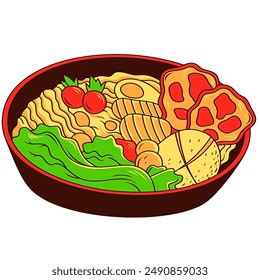 Colorful hand-drawn illustration of a traditional Chinese spicy malatang bowl with various ingredients. Perfect for menus, food blogs, and culinary designs