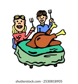 A colorful hand-drawn illustration of two happy children sitting at a table, ready to enjoy a Thanksgiving turkey feast, perfect for holiday and family-themed designs.