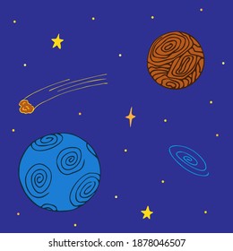 Colorful hand-drawn illustration. Two planets, a flying comet and a galaxy. One planet with tornado spirals. Another with a round relief. View from space, stars.