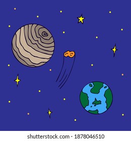 Colorful hand-drawn illustration, Two planets, one like the Earth. The other is a larger striped gas giant. A comet in the middle. View from space, stars. 
