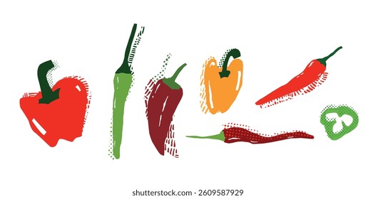 Colorful, hand-drawn illustration of various chili peppers and bell peppers in red, green, yellow, and orange. The textured and artistic sketch style makes this image perfect for kitchen decor, food