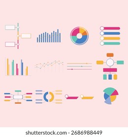 Farbige handgezeichnete Infografik-Elemente mit Diagrammen, Diagrammen, Zeitachsen und Diagrammen. Perfekt für Geschäftspräsentationen, Datenanalysen, Berichte und Marketingvisualisierungen mit einer sauberen und modernen