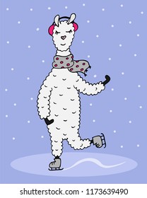 Colorful hand-drawn lama in scarf and earpiece skate.