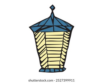 Colorful hand-drawn lantern isolated on a white background. Concept of illumination, decorative lighting, vintage lantern design, street lantern, light, design element.