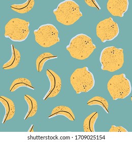 Colorful hand-drawn lemons and bananas in vector seamless pattern. Contemporary bright summer background with trendy colors