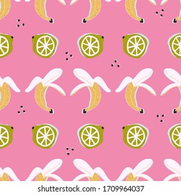 Colorful hand-drawn lemons and bananas in vector seamless pattern. Contemporary bright summer background with trendy colors