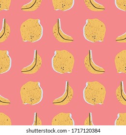 Colorful hand-drawn lemons and bananas in vector seamless pattern. Contemporary bright summer background with trendy colors
