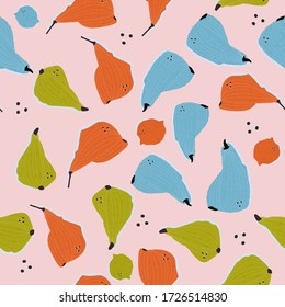 Colorful hand-drawn lemons and pears in vector seamless pattern. Contemporary bright summer background with trendy colors