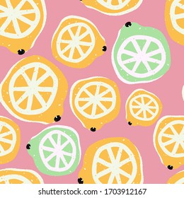 Colorful hand-drawn lemons in vector seamless pattern. Contemporary bright summer background with trendy colors