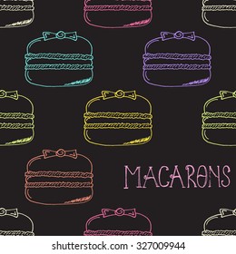 Colorful Hand-drawn Macarons Outline Pattern on Dark Background - Hand Drawn Doodle Seamless Pattern - Vector Illustration