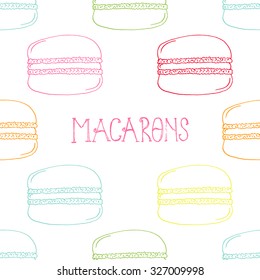 Colorful Hand-drawn Macarons Outline Pattern on White Background - Hand Drawn Doodle Seamless Pattern - Vector Illustration