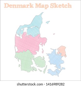 Colorful hand-drawn map of Denmark. Simple and informative illustration.