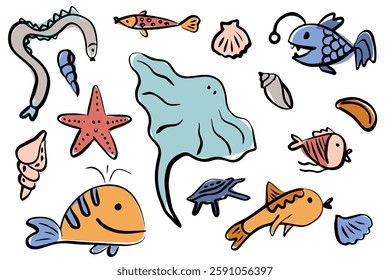 Colorful Hand-Drawn Marine Life Illustration – Cute Cartoon Sea Creatures, Fish, Starfish, Shells, and Ocean Elements in Playful Doodle Style for Kids, Prints, and Nautical Designs