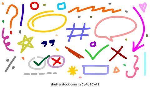 Colorful hand-drawn marker elements set. Includes grunge-style doodle underlines, icons, highlights, speech bubbles, arrows, and abstract shapes. Vector illustration on black background.